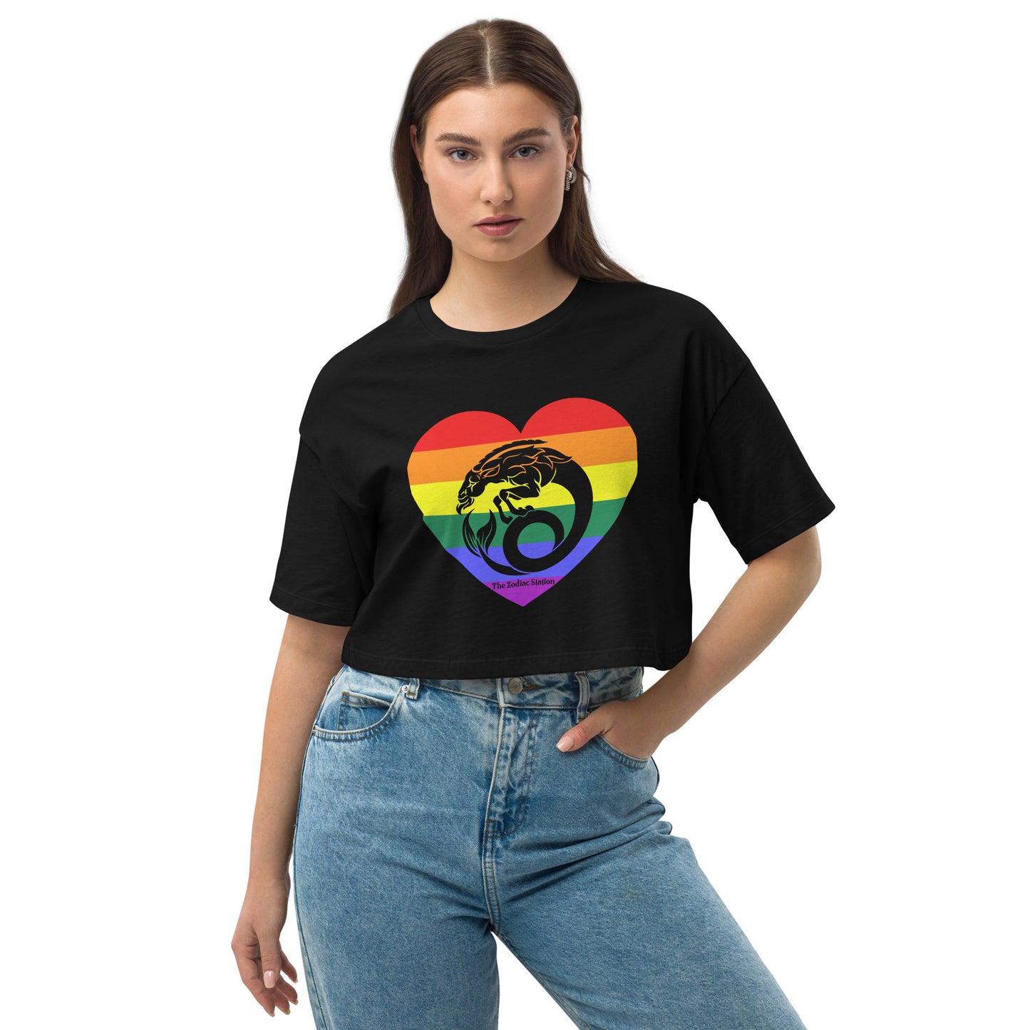 Capricorn Zodiac Crop Top  Loose Drop Shoulder Heart Rainbow The Zodiac Station