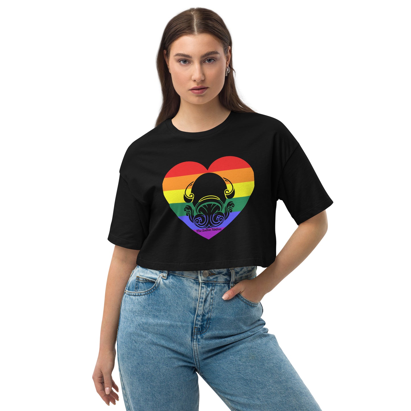 Aquarius Zodiac Crop Top Loose drop shoulder Rainbow Heart  The Zodiac Station