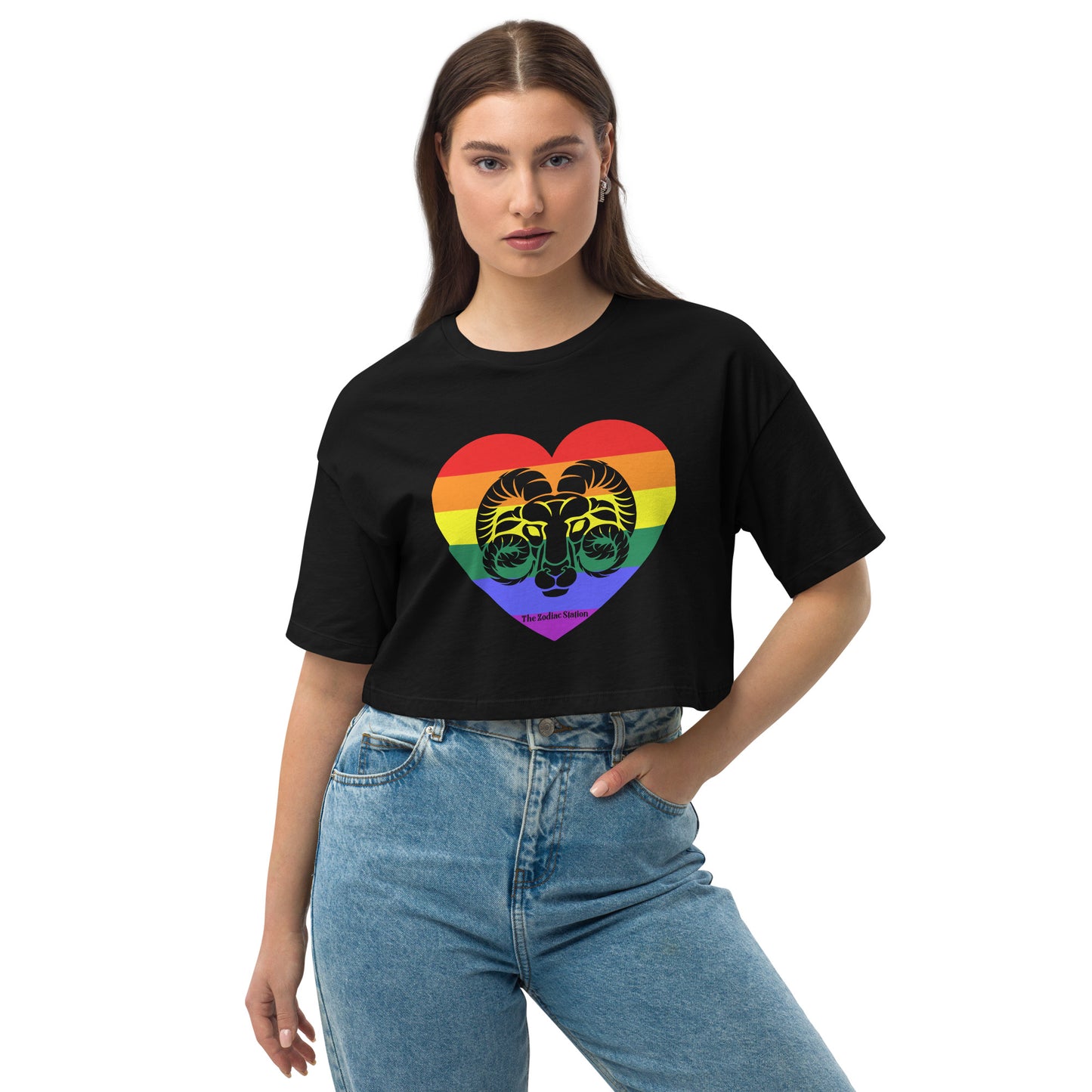 Aries Zodiac Crop Top Loose drop shoulder Rainbow Heart  The Zodiac Station