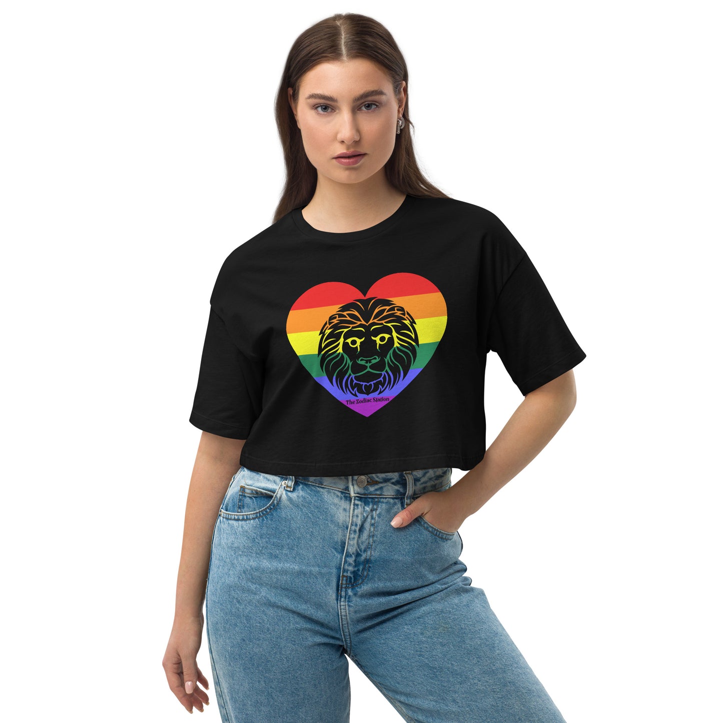 Leo Zodiac Crop Top Loose drop shoulder Rainbow Heart  The Zodiac Station