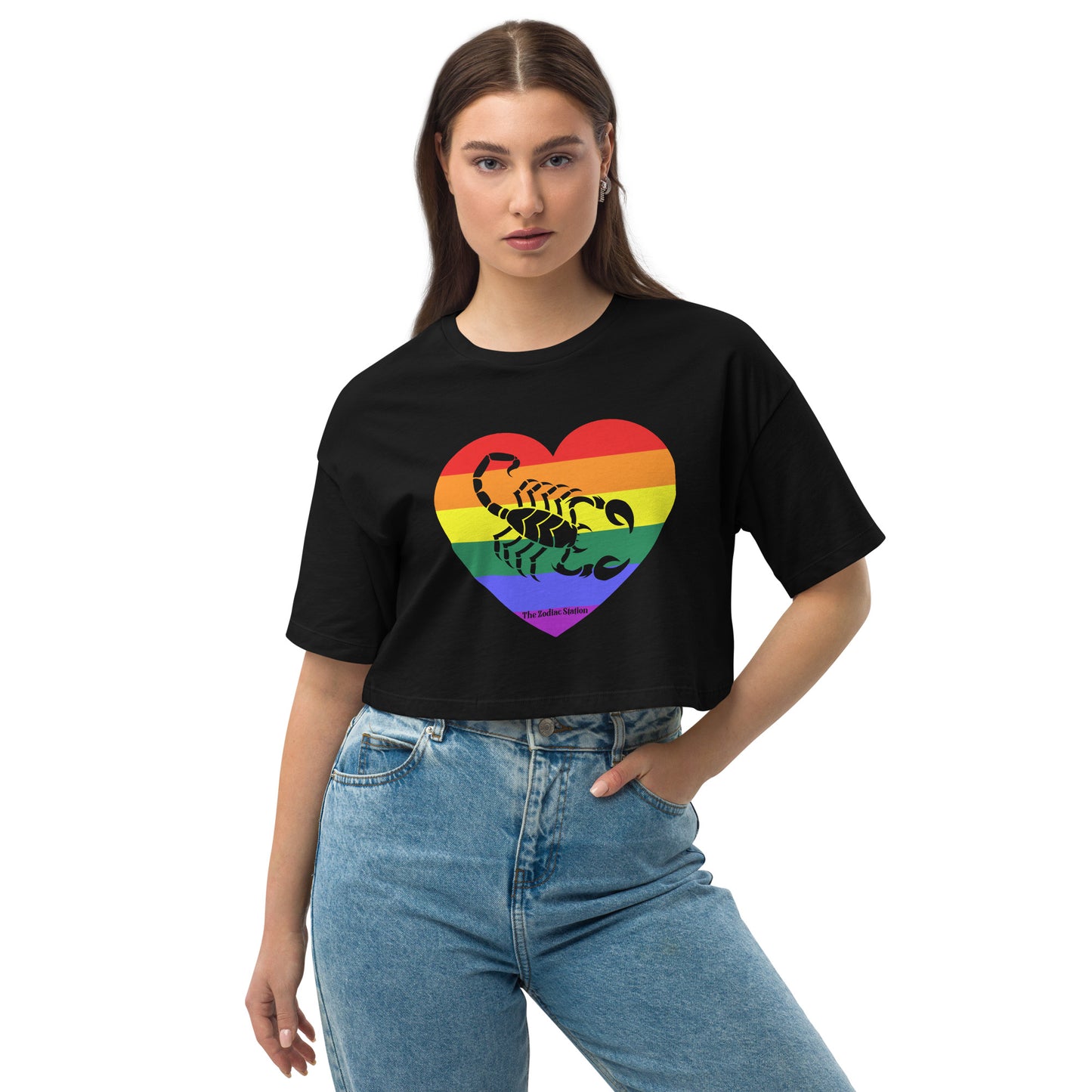 Scorpio Zodiac Crop Top Loose drop shoulder Rainbow Heart The Zodiac Station