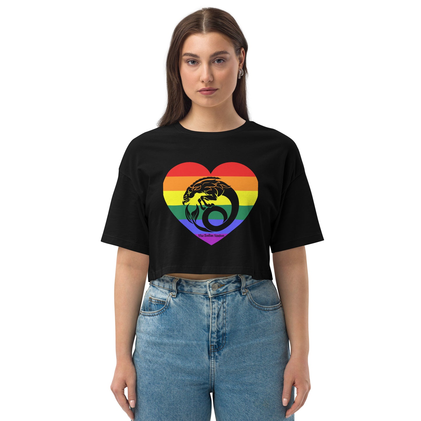 Capricorn Zodiac Crop Top  Loose Drop Shoulder Heart Rainbow The Zodiac Station