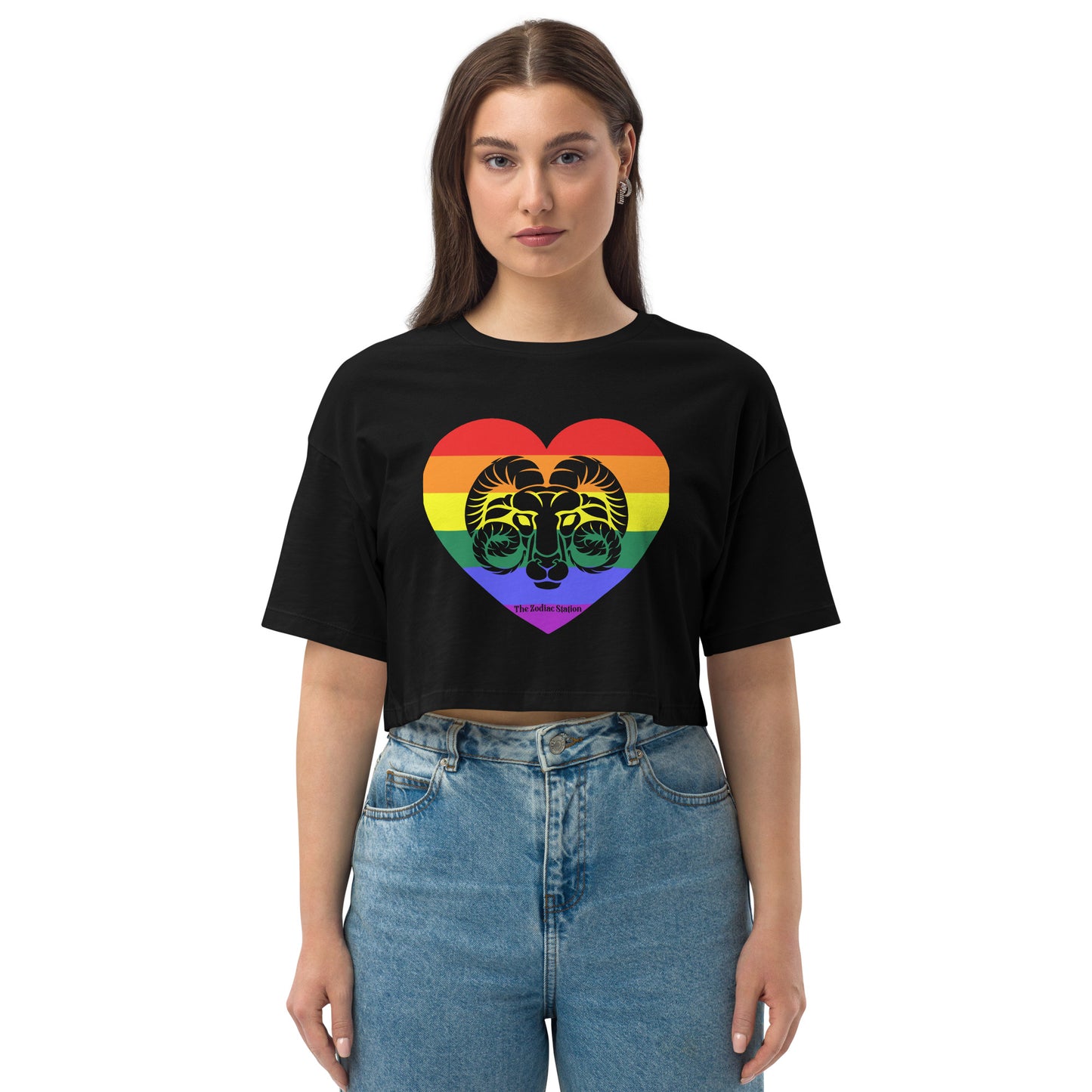 Aries Zodiac Crop Top Loose drop shoulder Rainbow Heart  The Zodiac Station